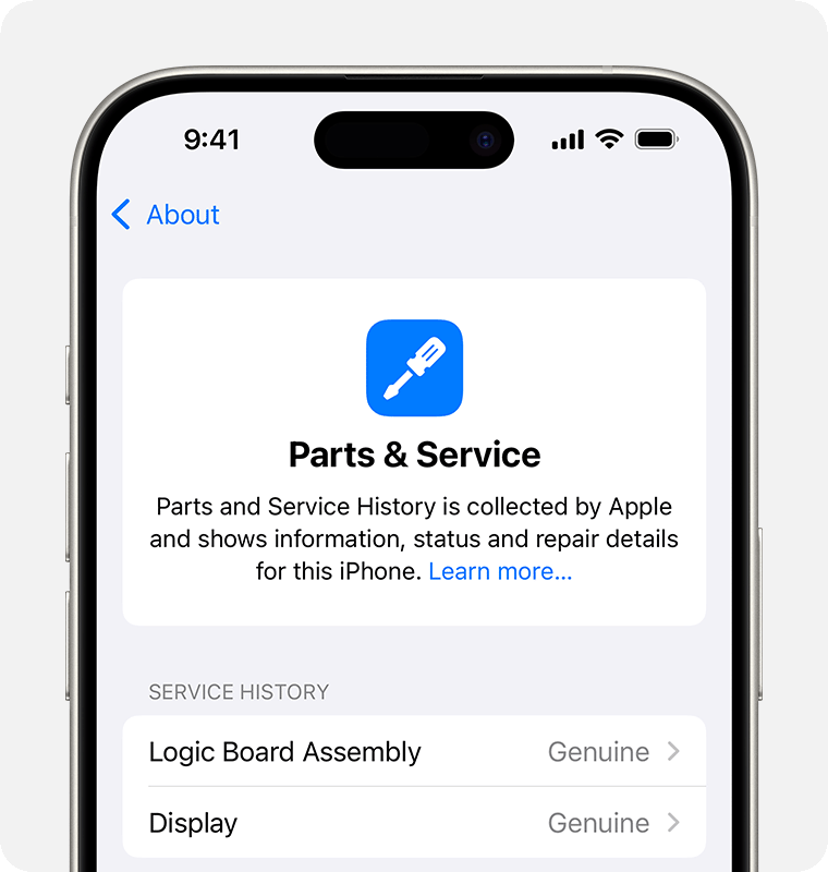 The Parts and Service History screen with two Genuine Apple Part messages