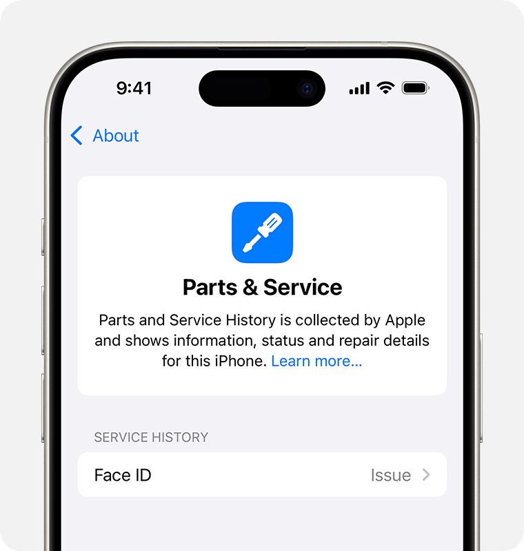 A Face ID issue message in Parts and Service History.