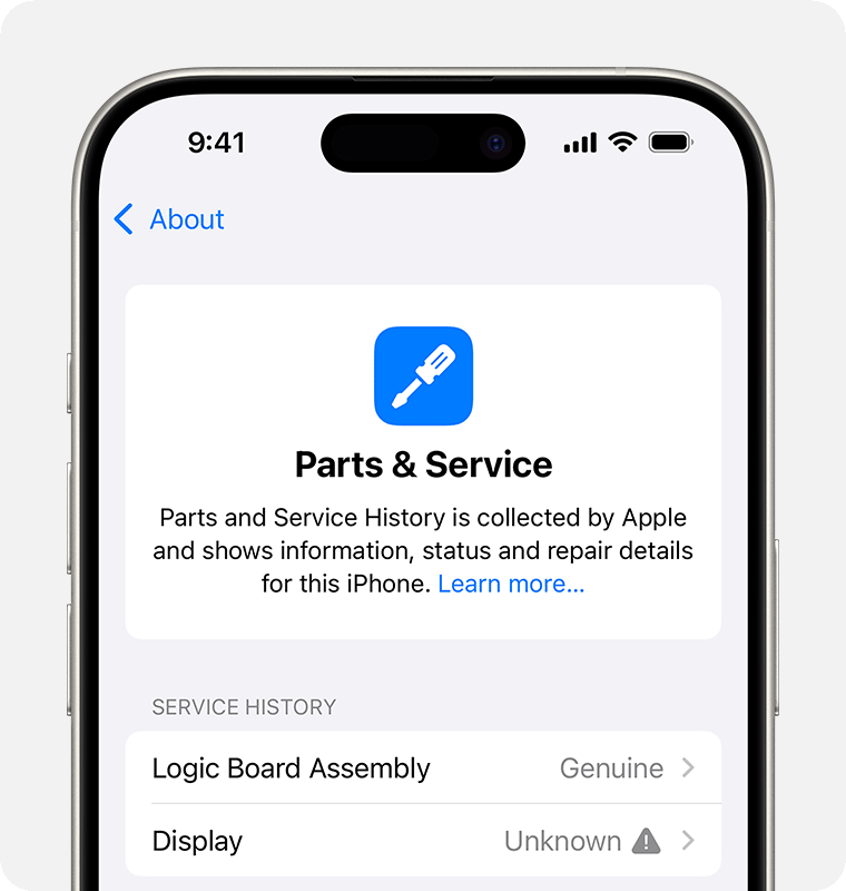 The Parts and Service History screen with an Unknown message