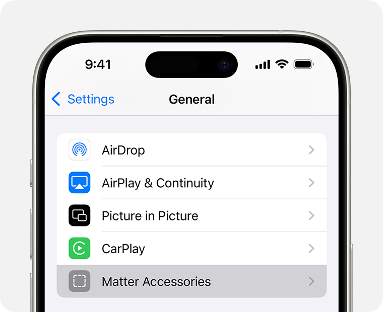 Matter Accessories under Settings > General on iPhone