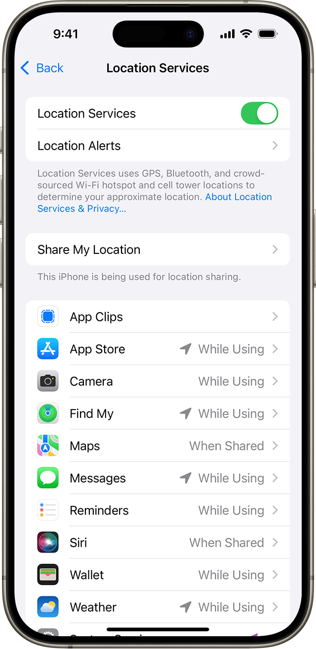 Location Services setting on iPhone