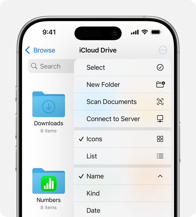 iCloud Drive options shown are Select, New Folder, Scan Documents, Connect to Server, Icons, List, Name, Kind and Date.