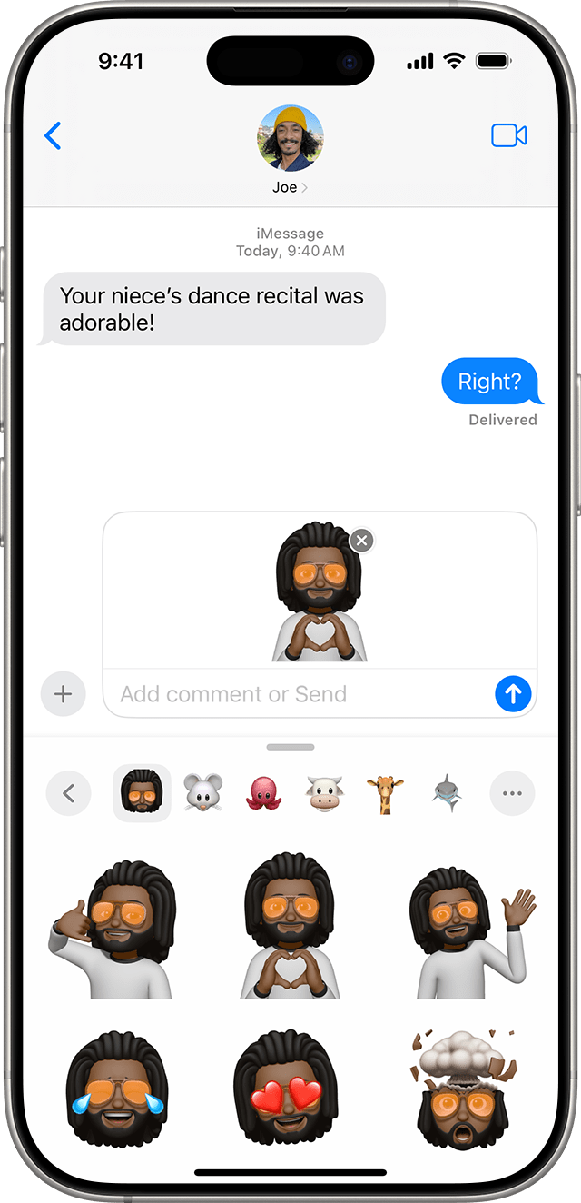 An iPhone showing how to select a Memoji sticker