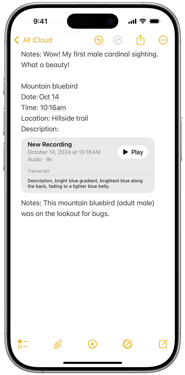 Keď v apke Poznámky v systéme iOS 18 nahráte audio, nahrávka sa zobrazí ako príloha v otvorenej poznámke.
