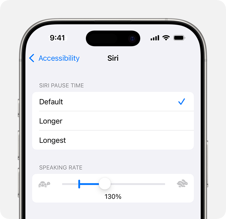 Speaking rate slider in Accessibility settings, showing 130% speed