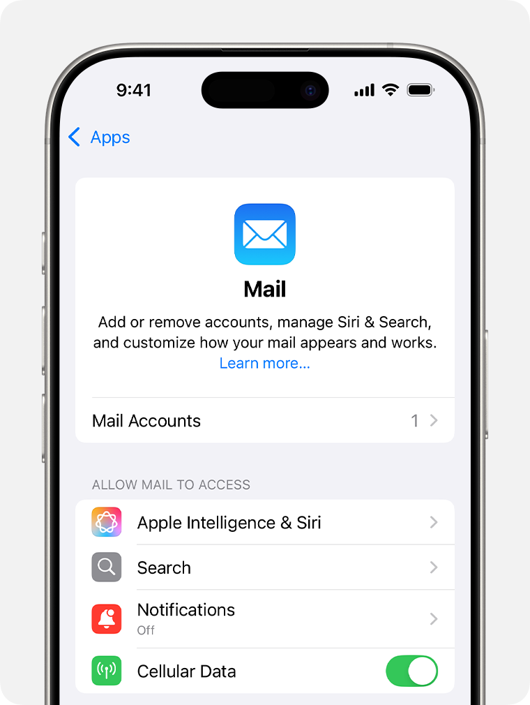 The Mail settings screen in iOS 18.