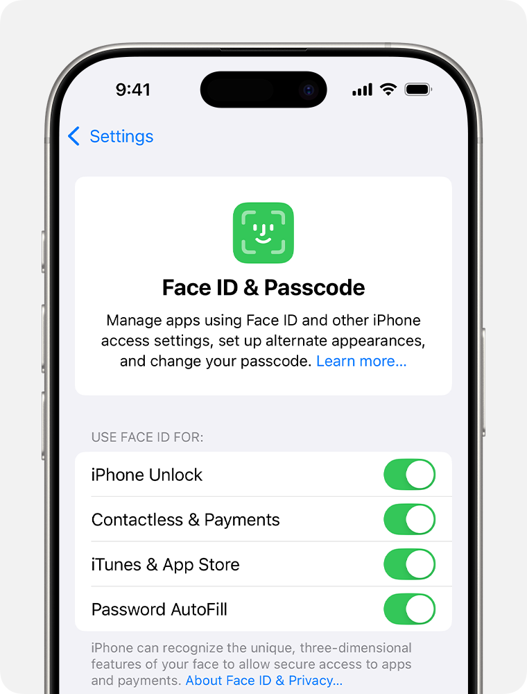 The iOS settings page for Face ID & Passcode.