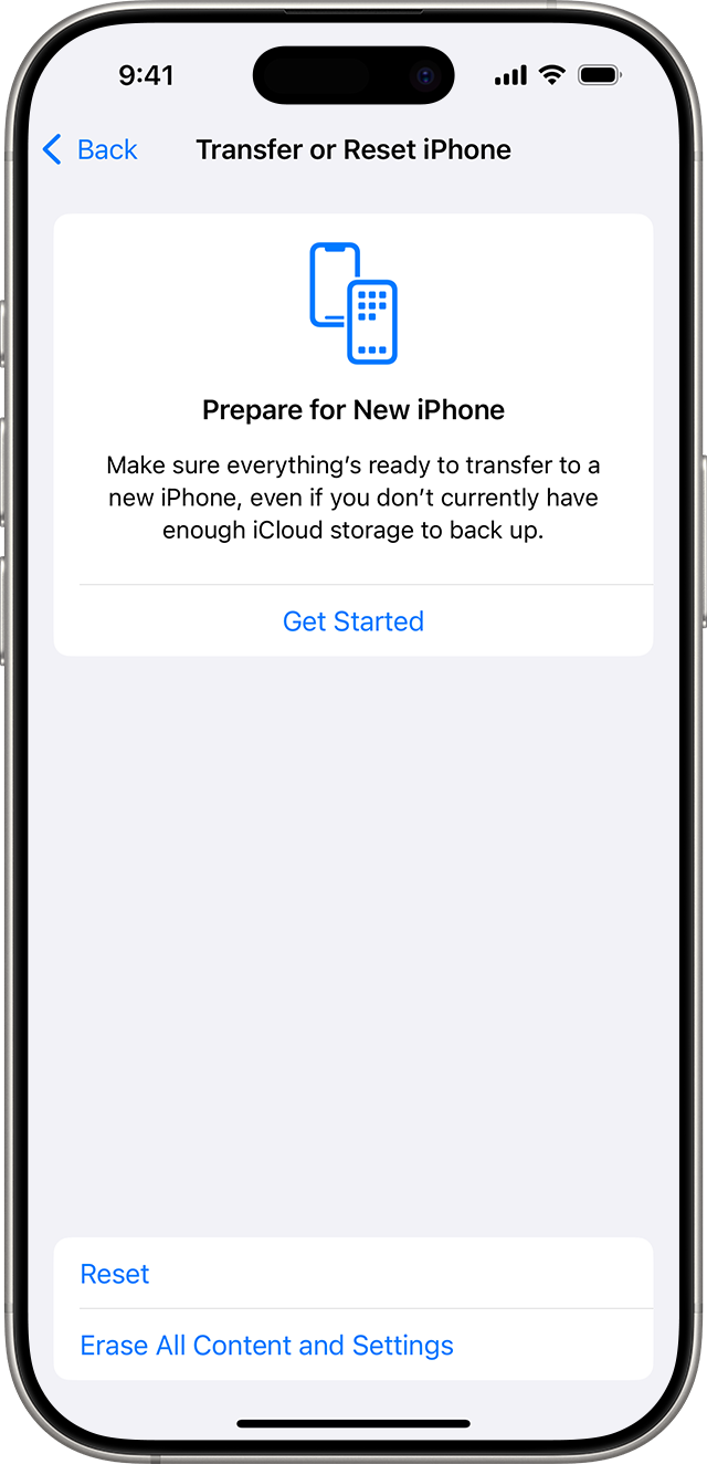 An iPhone showing the options to reset or erase content and settings