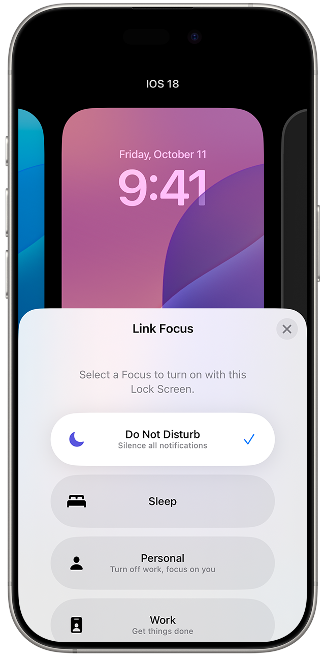 When you create or customize a wallpaper in iOS 18, you can connect a specific Focus setting to a wallpaper.