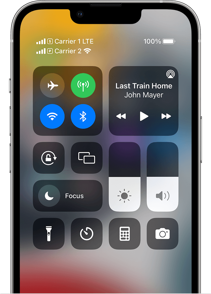 iPhone Control Center displaying dual sims with Carrier 1 on LTE and Carrier 2 on Wi-Fi.