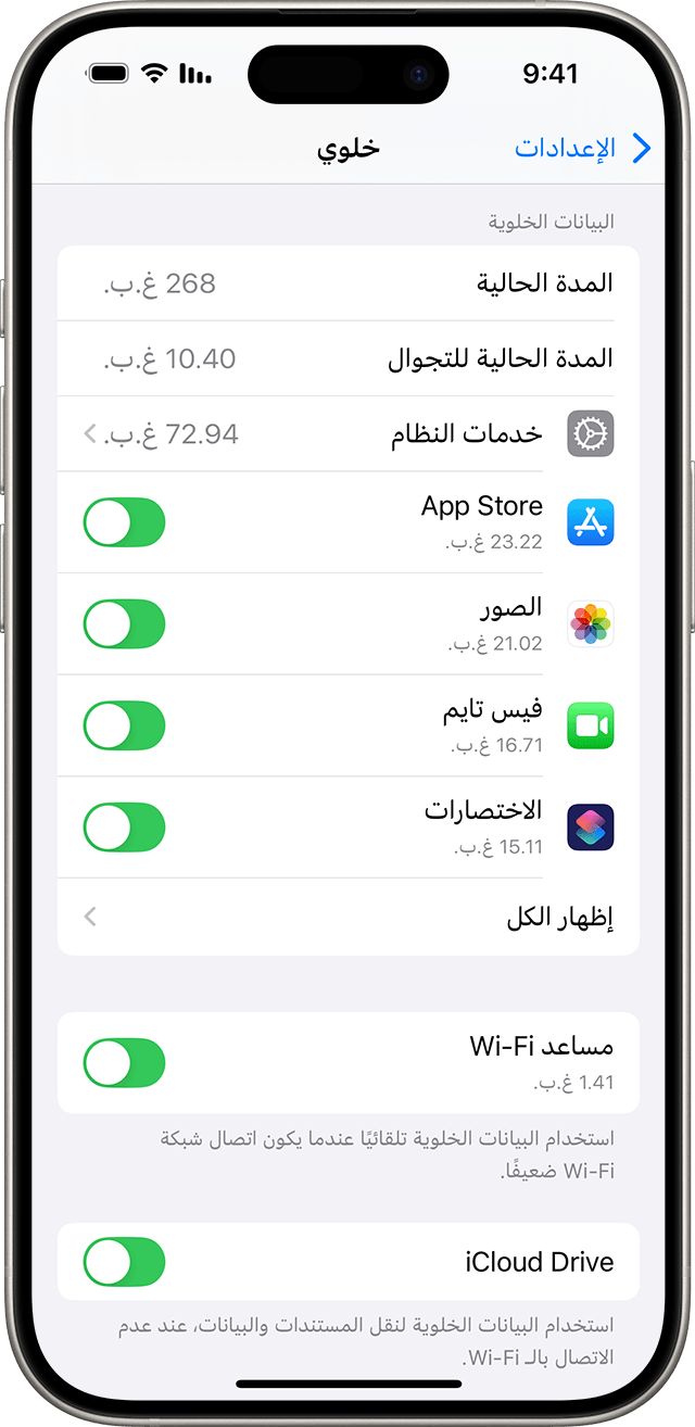 قائمة إعدادات iOS 18 تعرض خيارات البيانات الخلوية