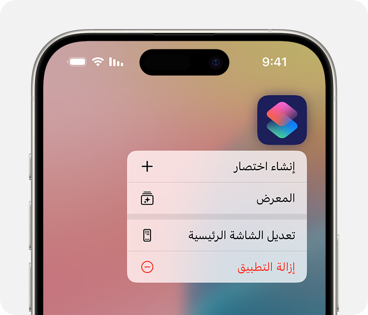 شاشة هاتف iPhone تعرض القائمة التي تظهر عند لمس أحد التطبيقات مع الاستمرار. "إزالة التطبيق" هو الخيار الأخير في القائمة.