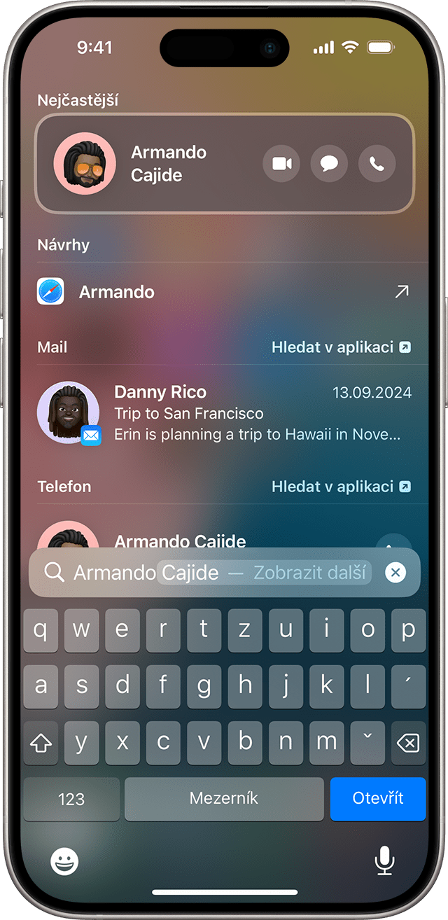 Obrazovka hledání na iPhonu