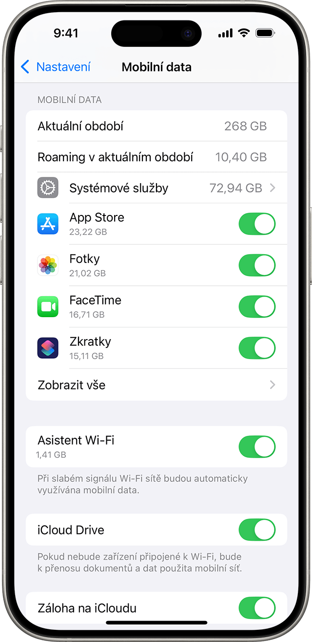 Nabídka nastavení v iOS 18 se zobrazenými volbami mobilních dat