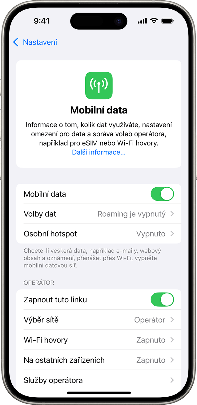 Nabídka nastavení v iOS 18 se zobrazenými volbami mobilní sítě