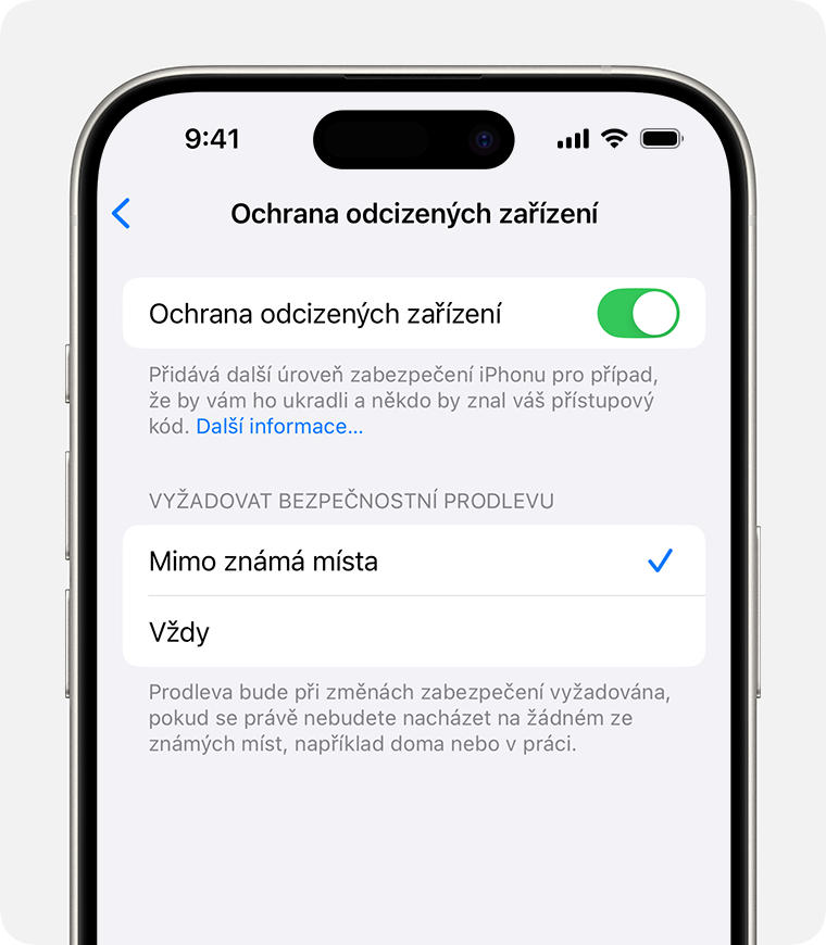 V nastavení Face ID a kód na iPhonu můžete zapnout nebo vypnout ochranu odcizeného zařízení a zvolit, kdy budou vyžadována dodatečná bezpečnostní opatření.