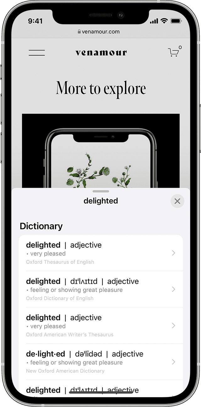 Uživatel iPhonu vyhledává slovo „delighted“ ve slovníku po identifikování slova na fotce pomocí Živého textu