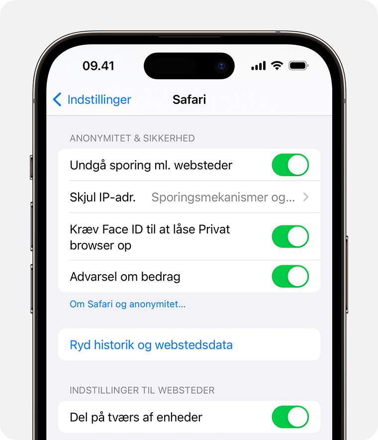 I Safari-indstillinger kan du kræve Face ID for at låse vinduer i Private browser op.