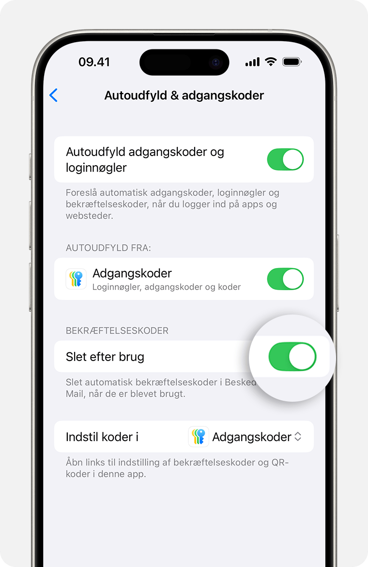 I iOS 18 og nyere kan du indstille Beskeder til automatisk at slette beskeder, der indeholder bekræftelseskoder til adgangskoder, efter at du har brugt koden. 