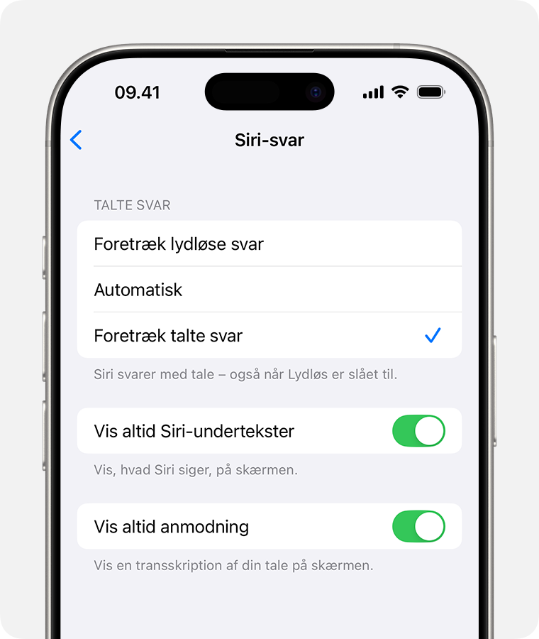 Skærmen Siri-svar, hvor "Foretræk talte svar" er valgt, og indstillingen for "Vis altid anmodning" er slået til