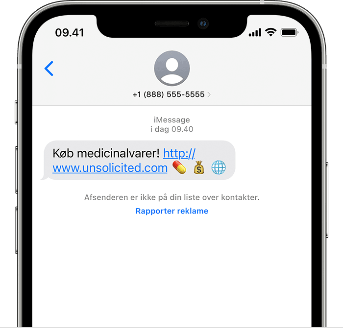 I bunden af en besked kan du trykke på muligheden for at rapportere en iMessage som reklame.