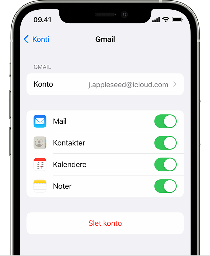 En iPhone med visning af indstillingerne for en tilsluttet G-mail-konto under Indstillinger > Mail > Konti > Gmail.