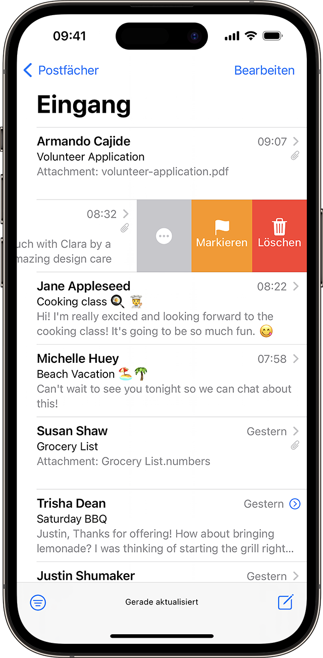 iPhone, auf dem bei einer E-Mail nach links gestrichen wird