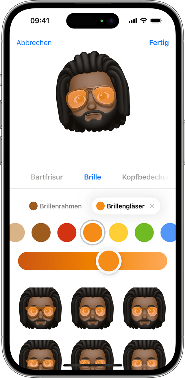 iPhone, auf dem gezeigt wird, wie ein Memoji erstellt wird.