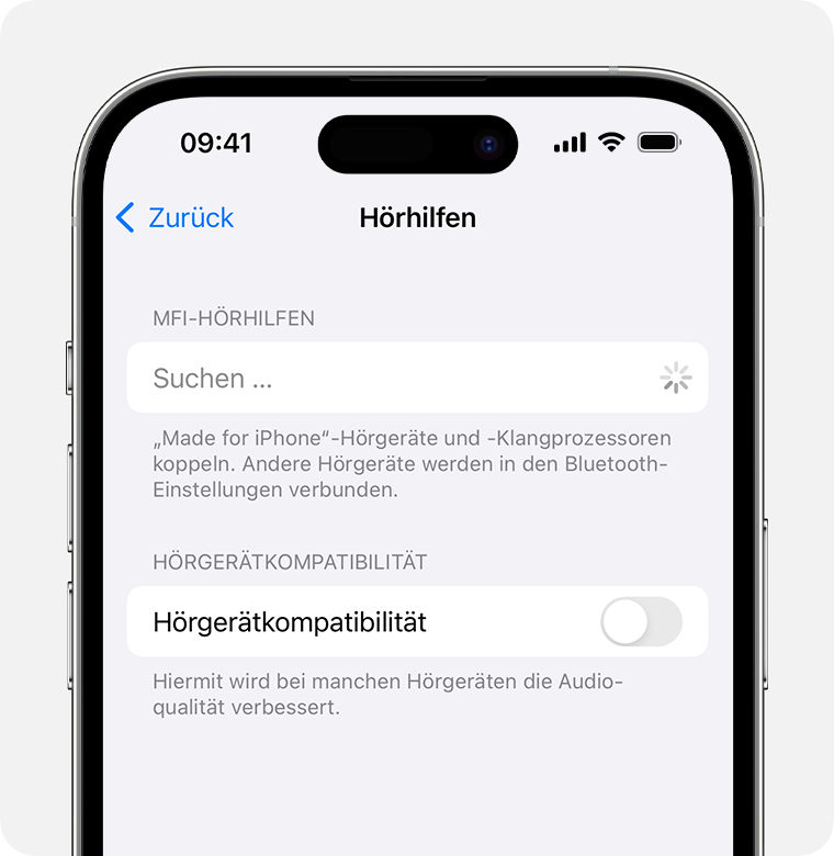 Einstellungen für Hörgeräte bei der Suche nach MFi-Hörgeräten