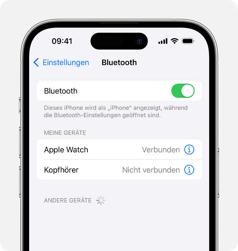 iPhone mit angezeigtem Bluetooth-Menü in den Einstellungen.