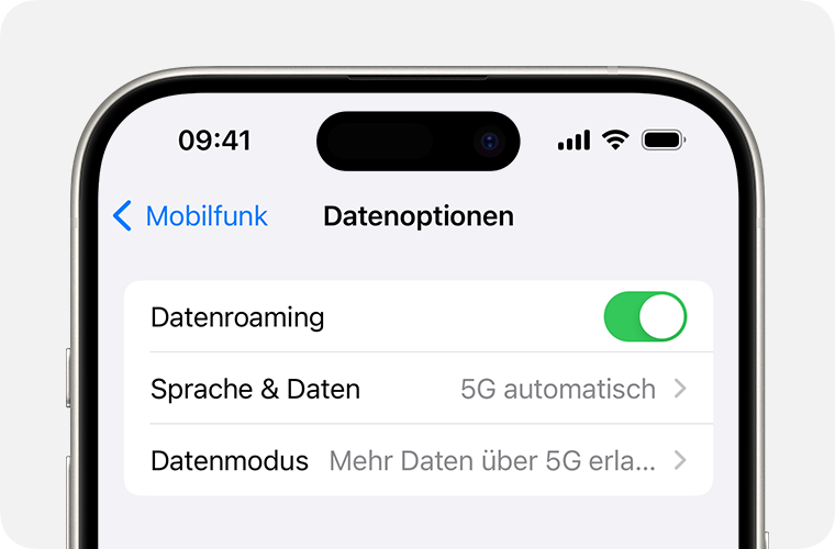 Oberer Teil eines iPhone-Bildschirms mit Mobilfunkeinstellungen