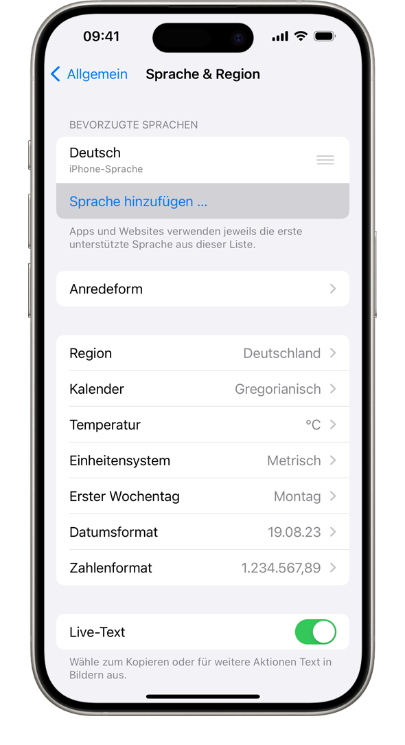 Ein iPhone, in dessen Menü "Sprache & Region" die Option "Sprache hinzufügen" hervorgehoben ist.