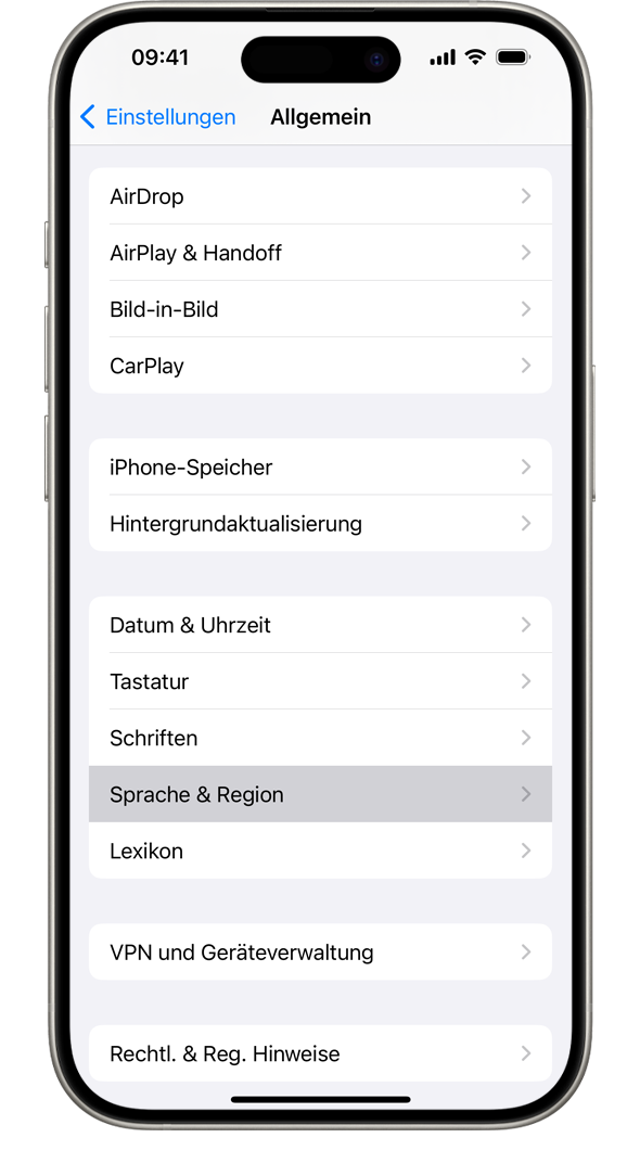 Ein iPhone, in dessen Menü "Allgemeine Einstellungen" die Option "Sprache & Region" hervorgehoben ist.