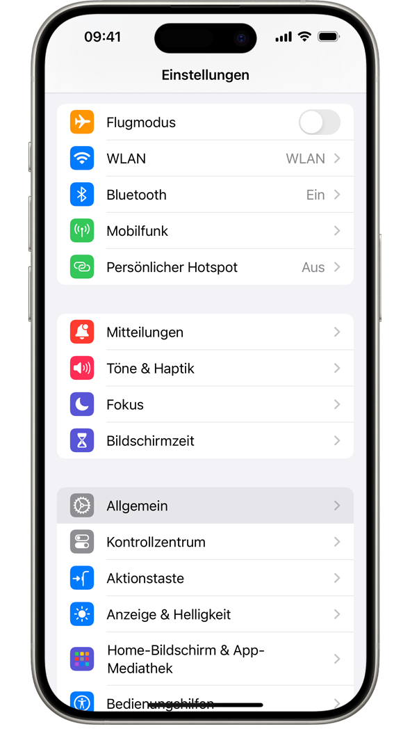 Ein iPhone, in dessen Einstellungen-App unter "Bildschirmzeit" die Option "Allgemein" hervorgehoben ist.