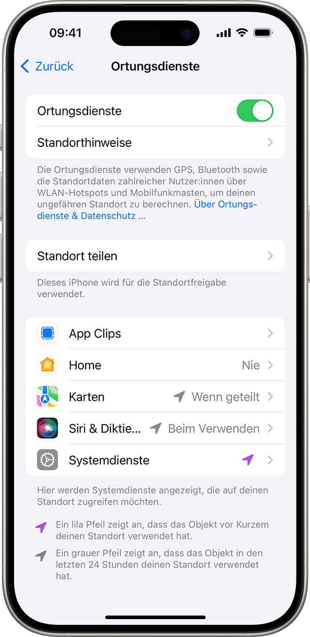 Unter „Einstellungen“ > „Datenschutz & Sicherheit“ > „Ortungsdienste“ kannst du ändern, wie einzelne Apps deinen Standort verwenden können.