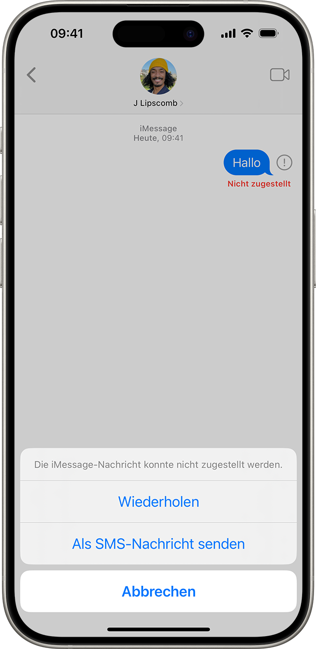 Wenn iMessage eine Nachricht nicht zustellen kann, wird ein rotes Ausrufezeichen angezeigt, und du hast die Möglichkeit, es erneut zu versuchen oder die Nachricht als Textnachricht zu senden.