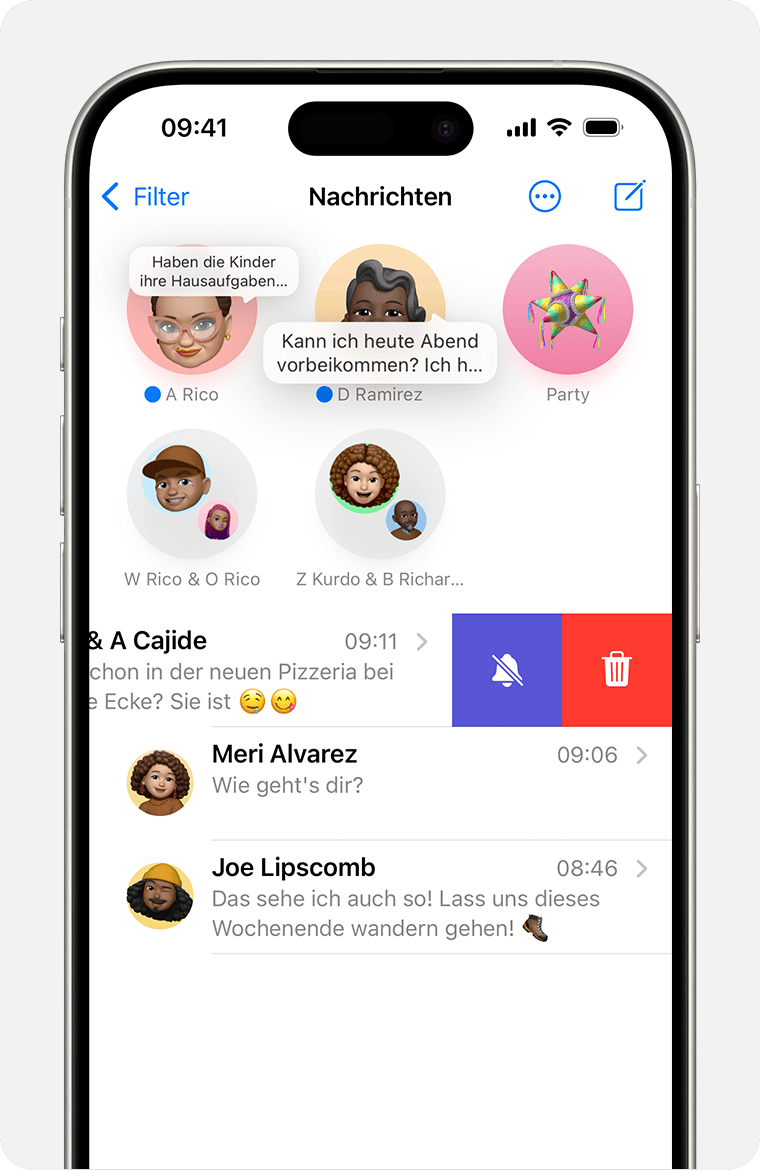 Um Benachrichtigungen für eine Konversation zu beenden, streiche nach links über die Konversation, um die Hinweise-Taste anzuzeigen.