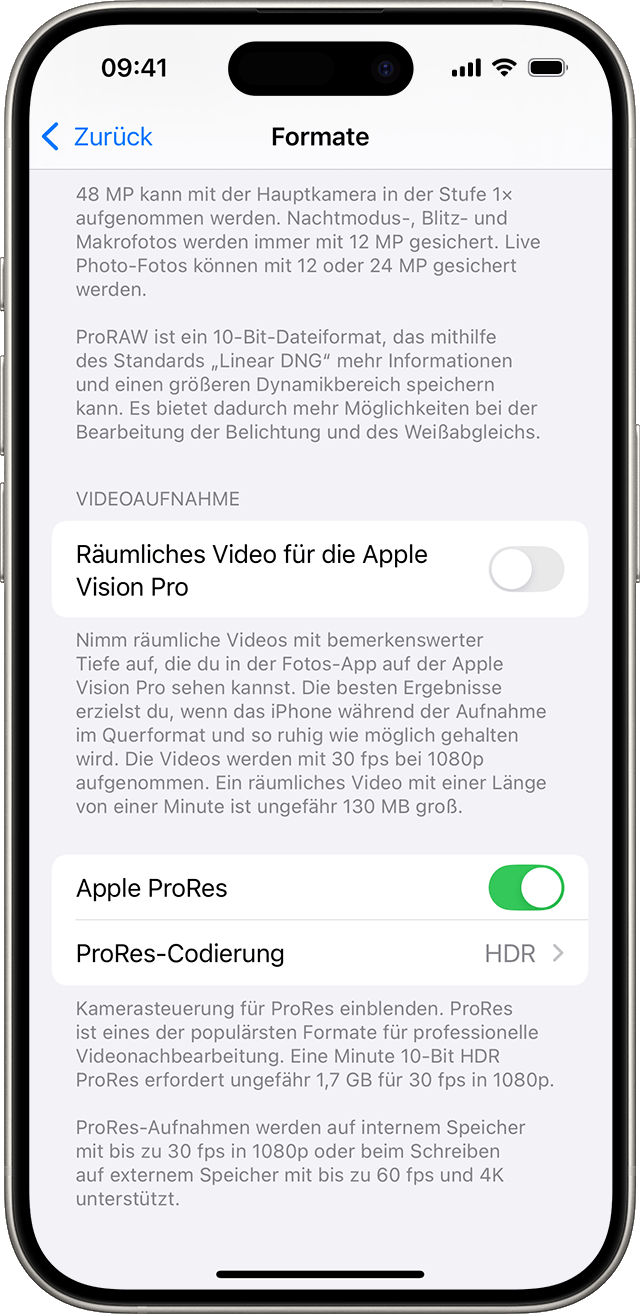 Ein iPhone mit Einstellungen für die Kameraformate