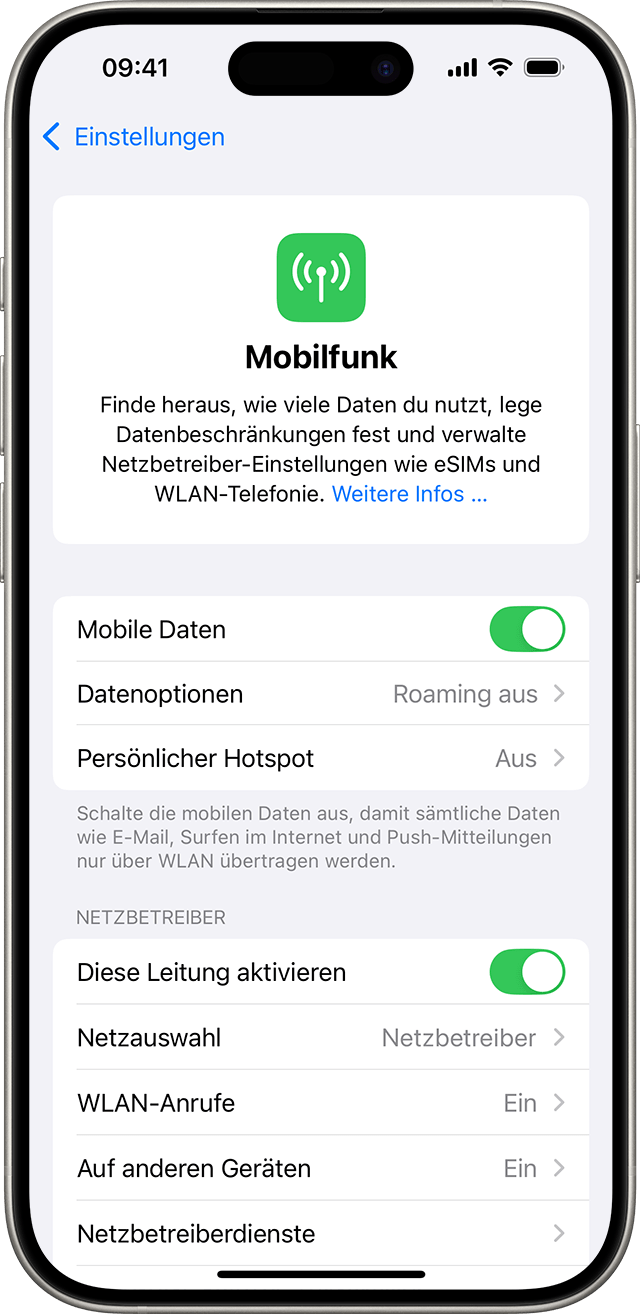 Mobilfunkoptionen in den iOS 18-Einstellungen