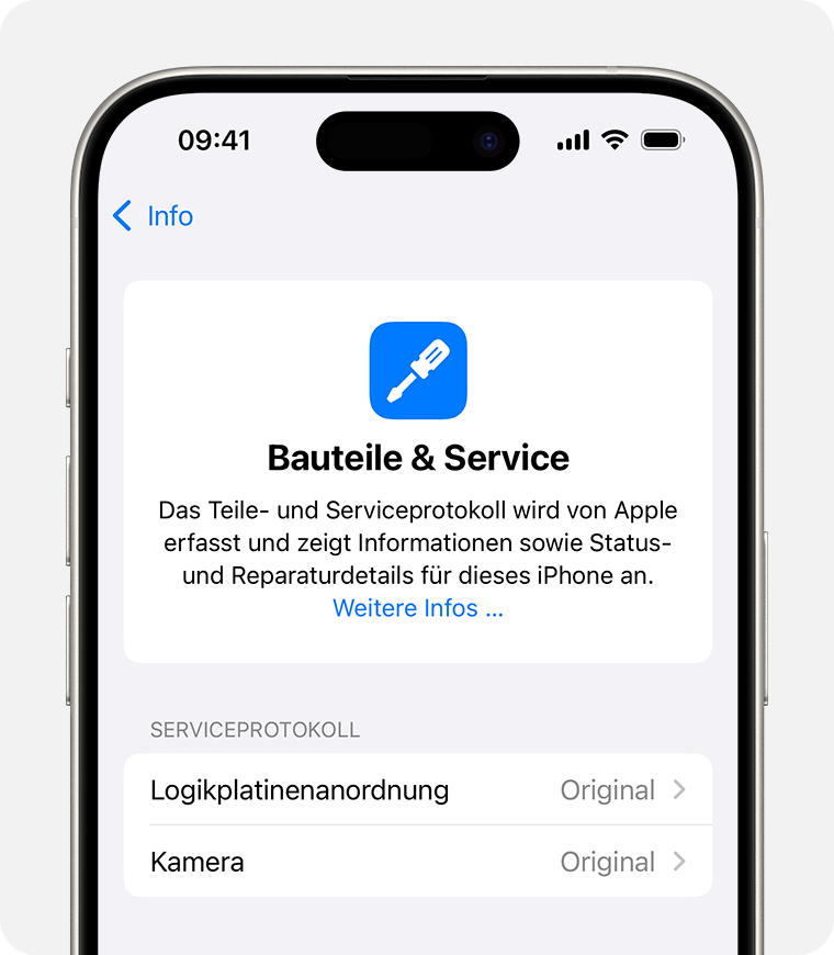 Der iPhone-Bildschirm „Info“ mit dem Teile- und Serviceverlauf.