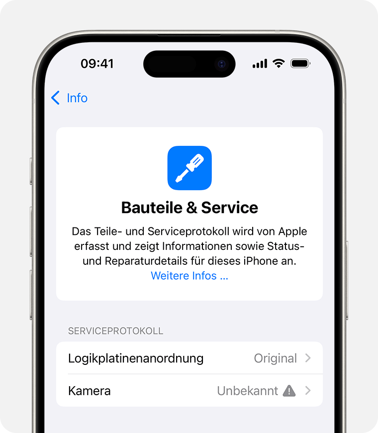 Eine unbekannte Meldung in „Teile und Serviceverlauf“.