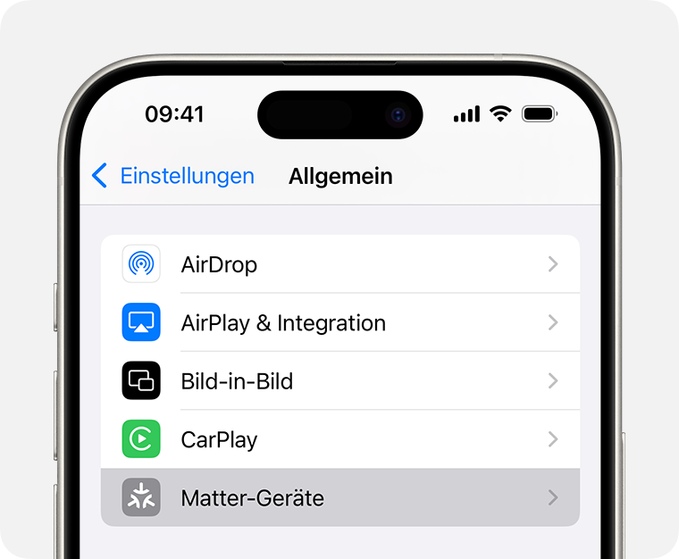 Matter-Geräte in den „Einstellungen“ > „Allgemein“ auf dem iPhone