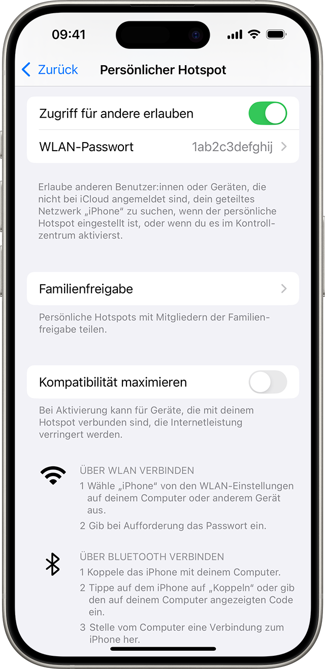 iPhone-Display mit den Einstellungen zu „Persönlicher Hotspot“