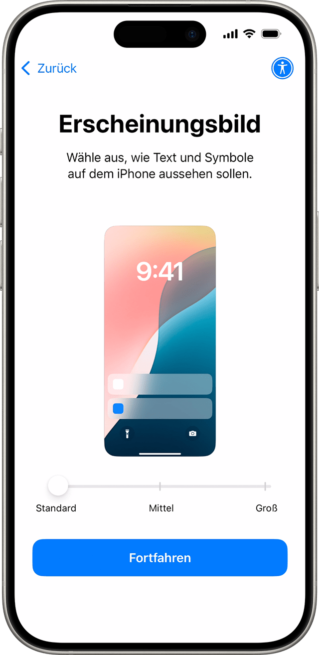 Ziehe beim Einrichten des iPhone für iOS 18 ein Symbol, um eine Vorschau anzuzeigen, und wähle dann die bevorzugte Text- und App-Größe aus.