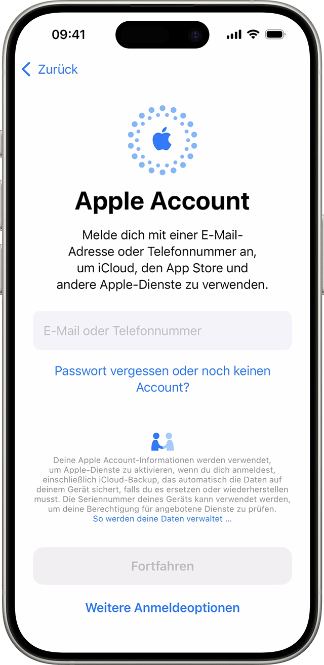 Verwende deine E-Mail-Adresse oder Telefonnummer, um dich während des iPhone-Einrichtungsprozesses in iOS 18 mit deinem Apple Account anzumelden.