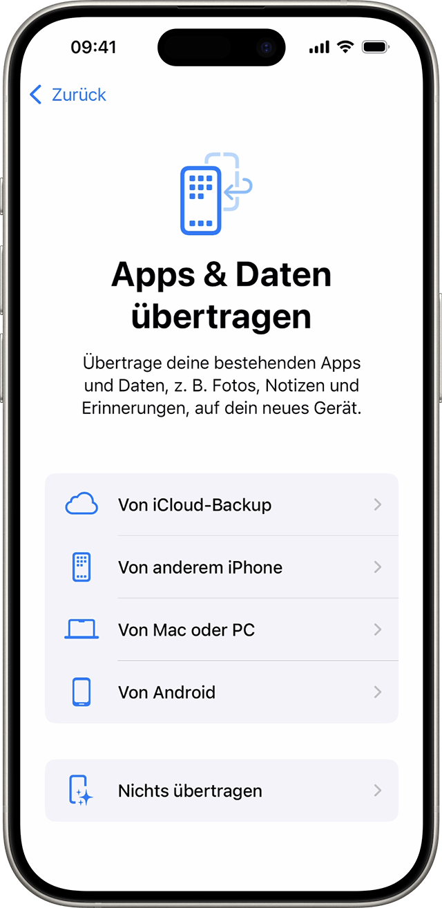 Die Optionen „Apps & Daten übertragen“ bei der Einrichtung eines iPhone in iOS 18.