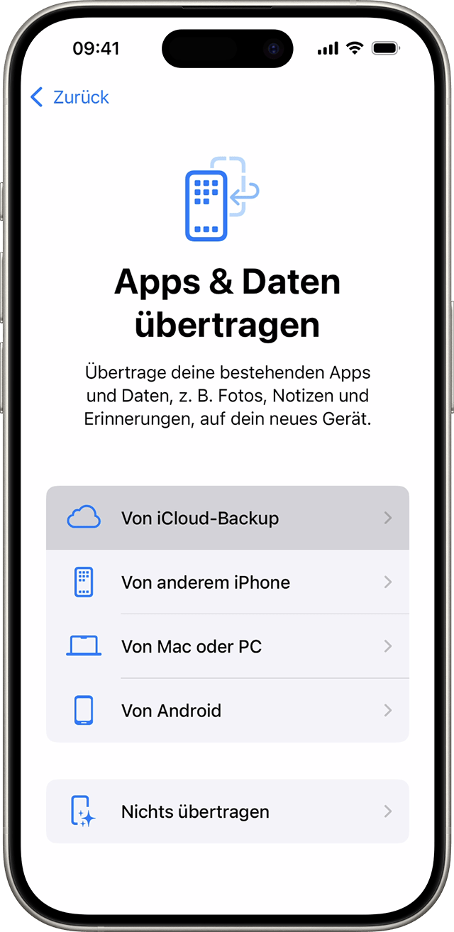 iPhone mit dem Bildschirm „Apps & Daten“ auf dem „Aus iCloud-Backup wiederherstellen“; ausgewählt ist