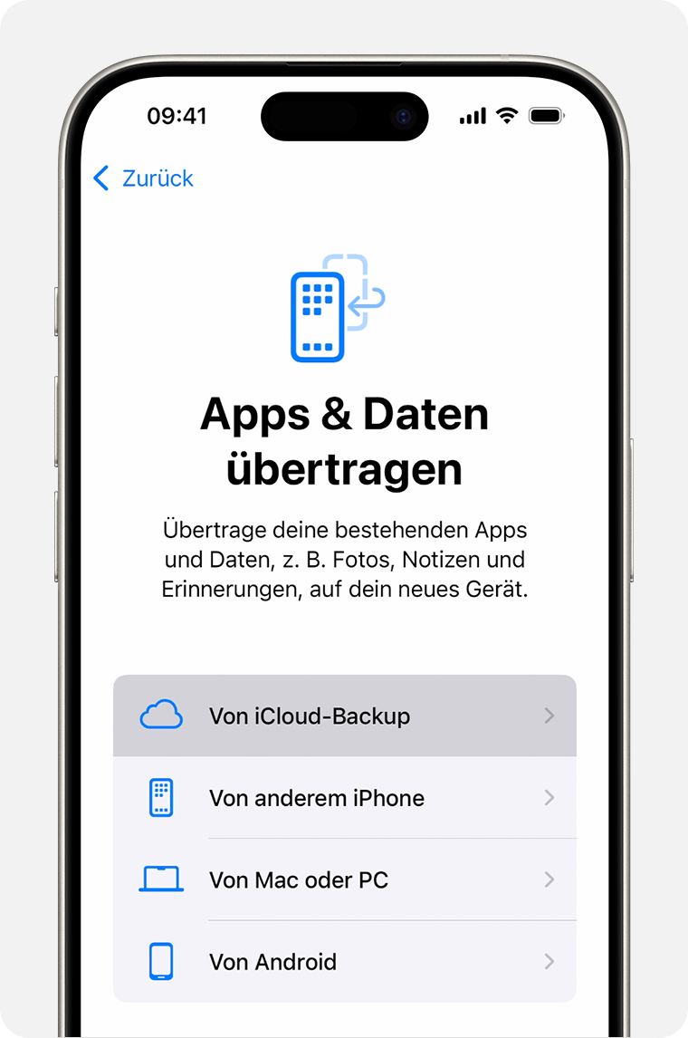 Ein iPhone, auf dem „Aus iCloud-Backup“ als ausgewählte Option angezeigt wird