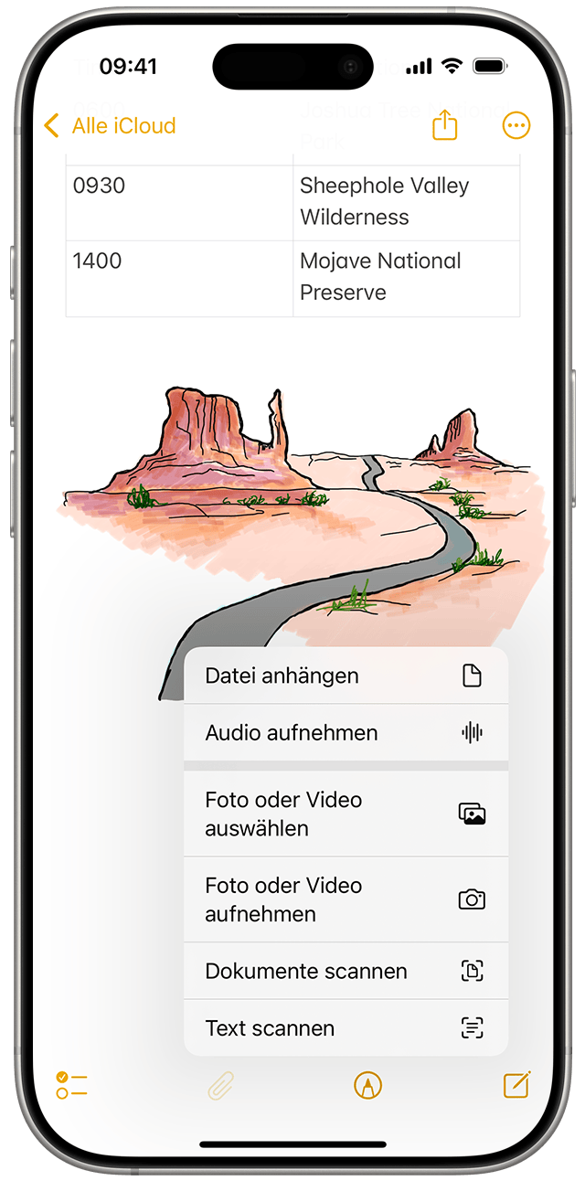 Tippe in iOS 18 auf die Anhang-Taste, die wie eine Büroklammer aussieht, um ein Foto oder Video hinzuzufügen oder ein Dokument in deiner Notiz zu scannen. 