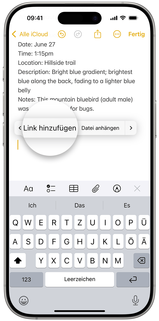 Um in der Notizen-App in iOS 18 einen Link hinzuzufügen, halte eine leere Stelle gedrückt oder markiere Text, um das Optionsmenü einzublenden. Tippe dann auf „Link hinzufügen“.